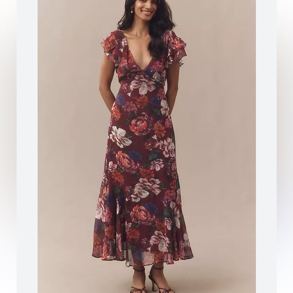 Anthropologie BHLDN Flutter-Sleeve Plunging Maxi Dress NWT 2